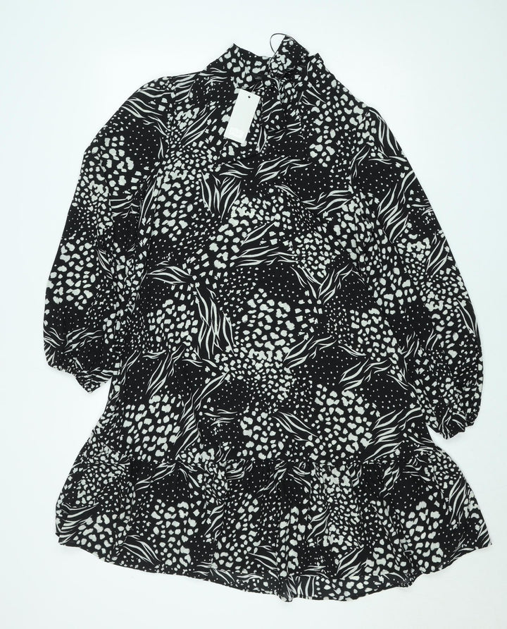 F&F Women’s Black Animal Print High Neck Long Sleeve Knee Dress Size 16