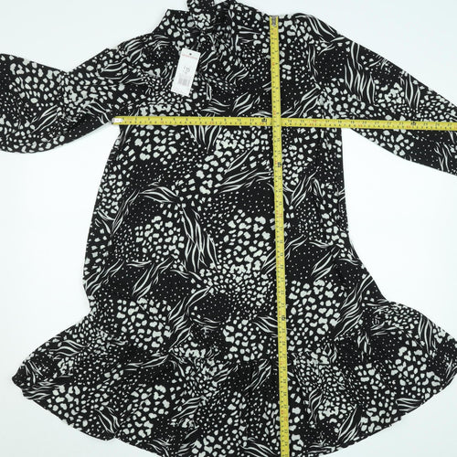 F&F Women’s Black Animal Print High Neck Long Sleeve Knee Dress Size 16
