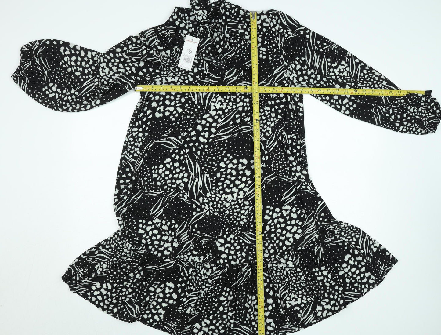 F&F Women’s Black Animal Print High Neck Long Sleeve Knee Dress Size 16