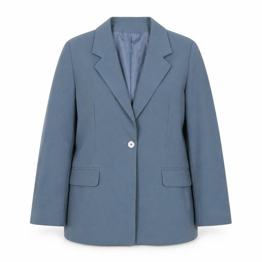 Front view of Essentials Women Blue One-Button Blazer, size M, Regular Fit