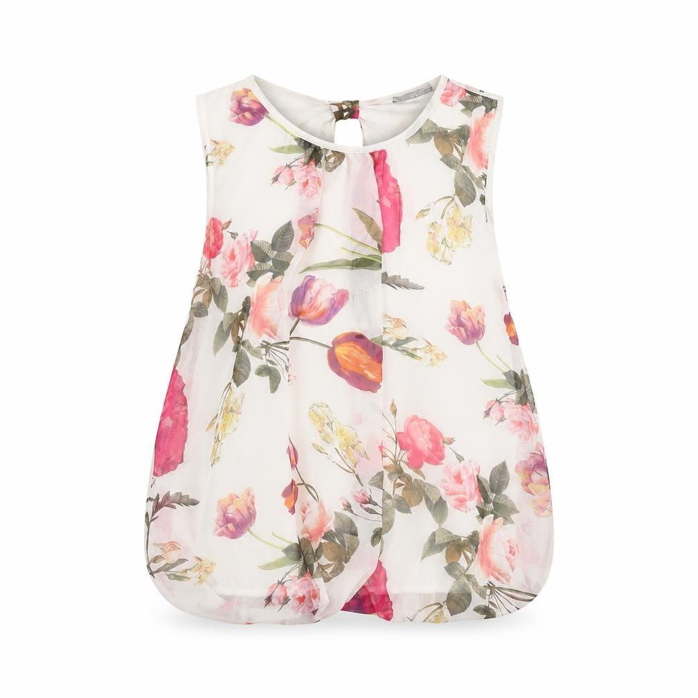 Front view of Quiz Women's Multicoloured Floral Chiffon Sleeveless Blouse, size 10