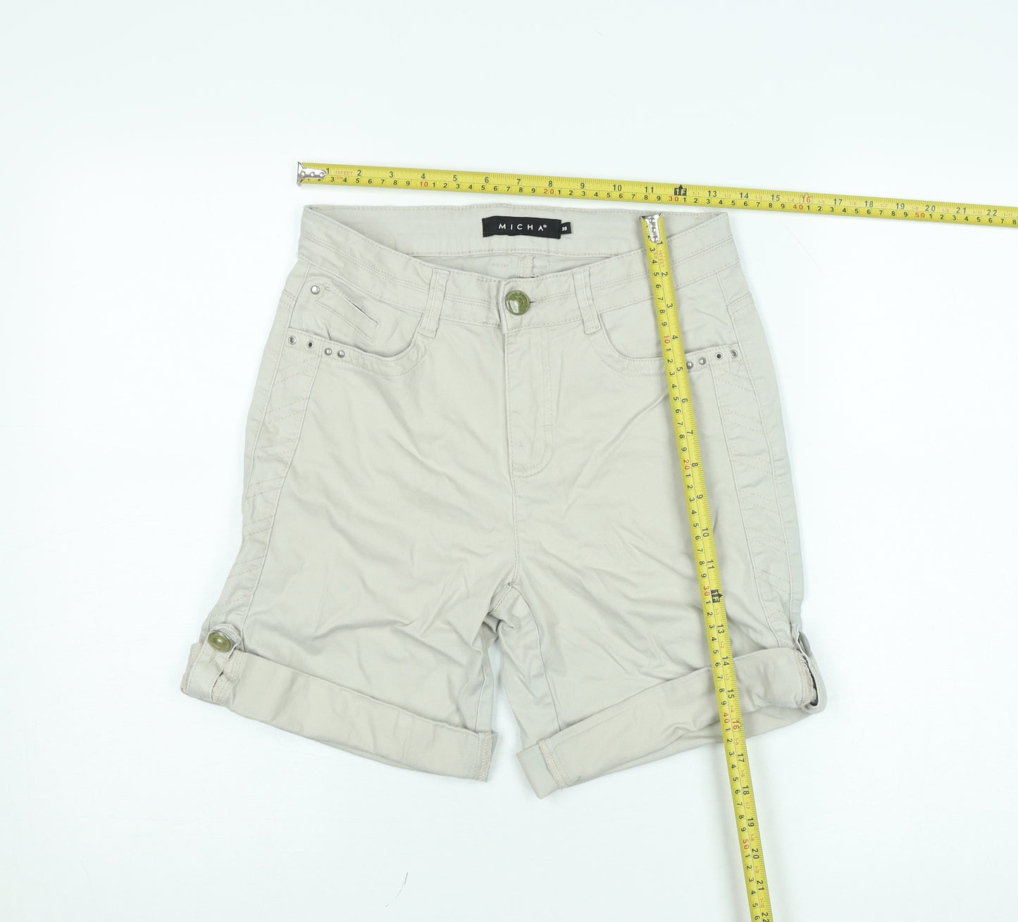 Micha Womens Beige Chino Shorts Size 10 Stretch Cotton Twill