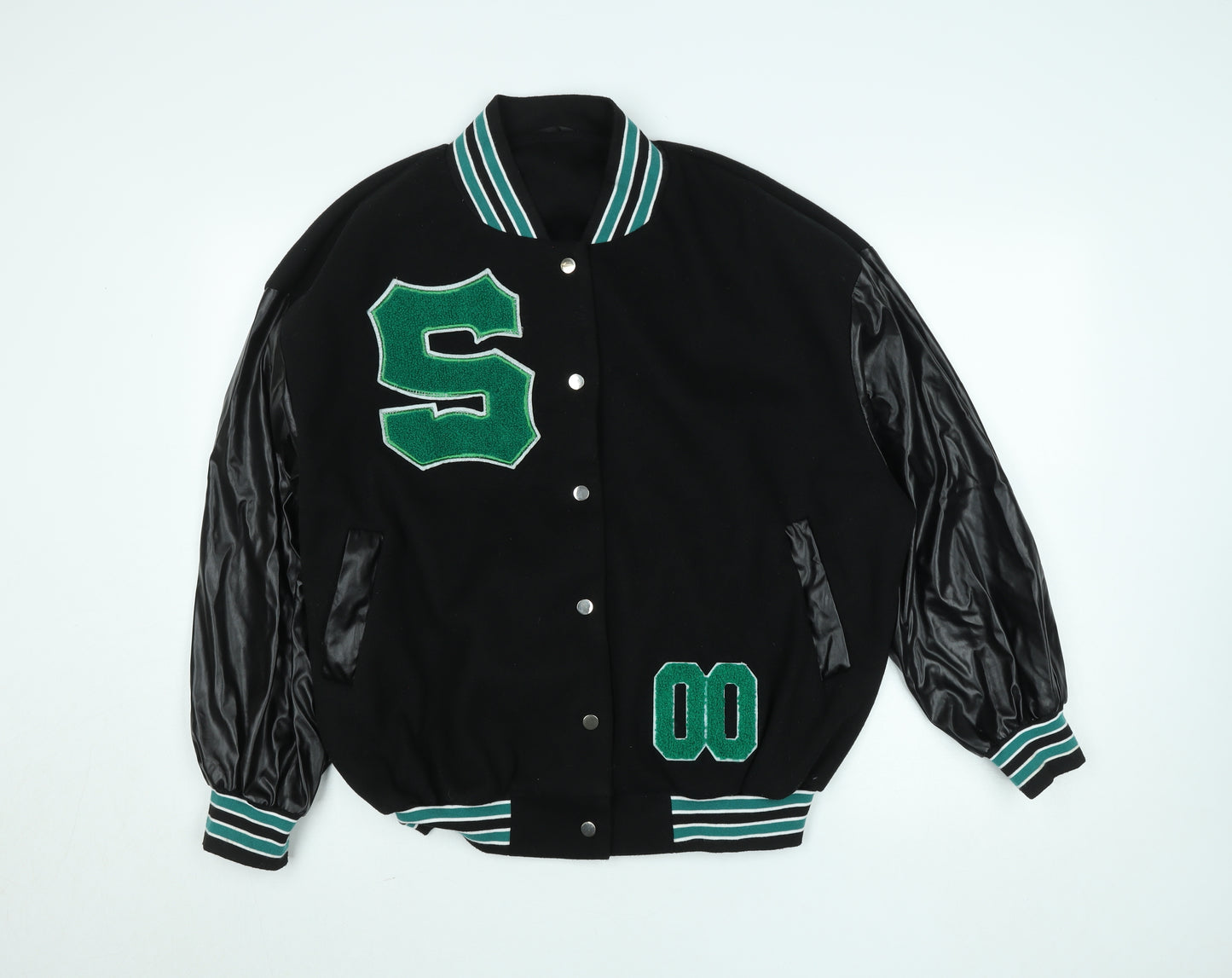 SHEIN Womens Black Varsity Jacket Size 10 Embroidered S College Style