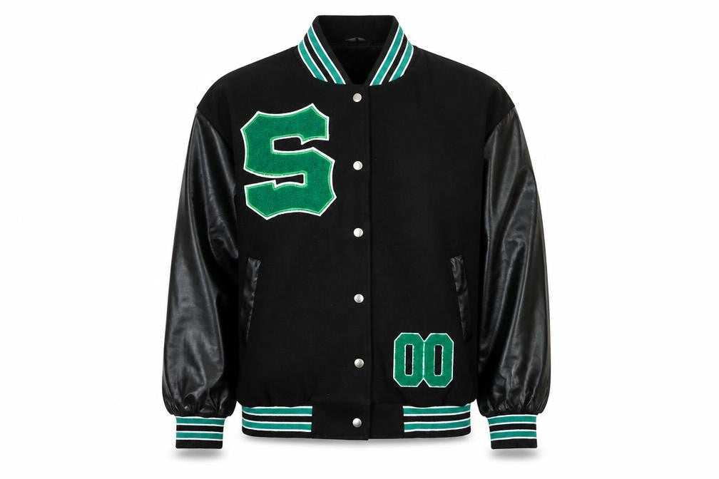 Front view of SHEIN women’s black varsity jacket, size UK 10, embroidered s college style