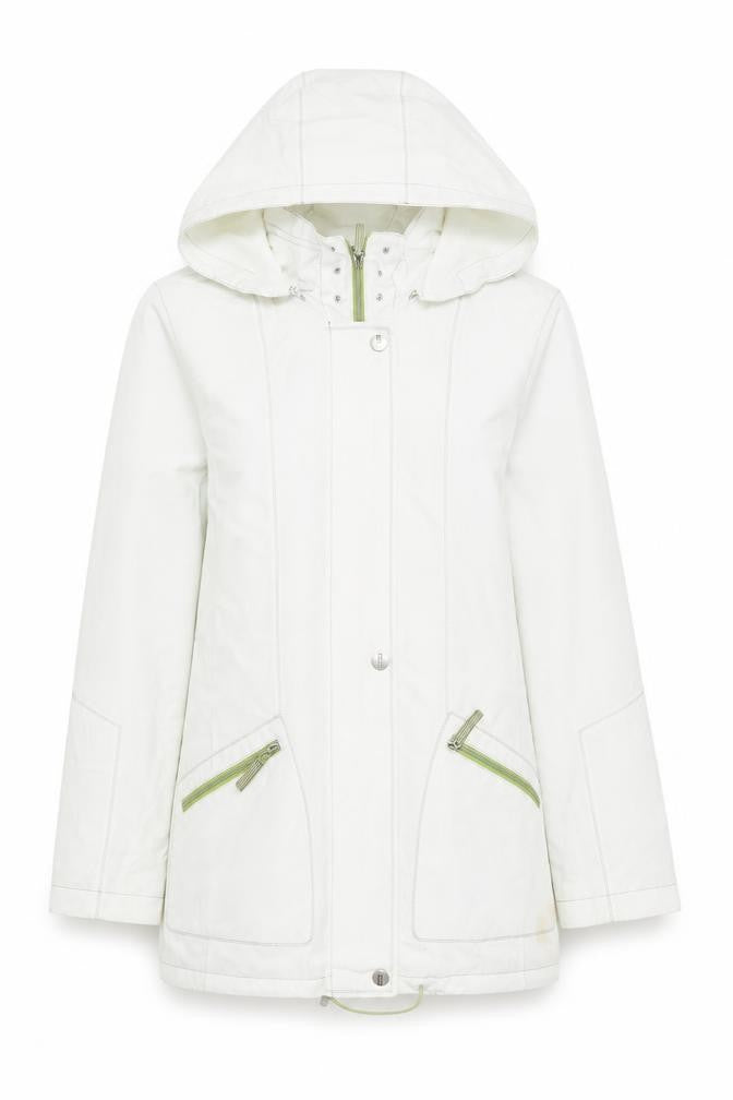 Front view of Summer Edition women’s white hooded mid-length lightweight jacket, size UK 10