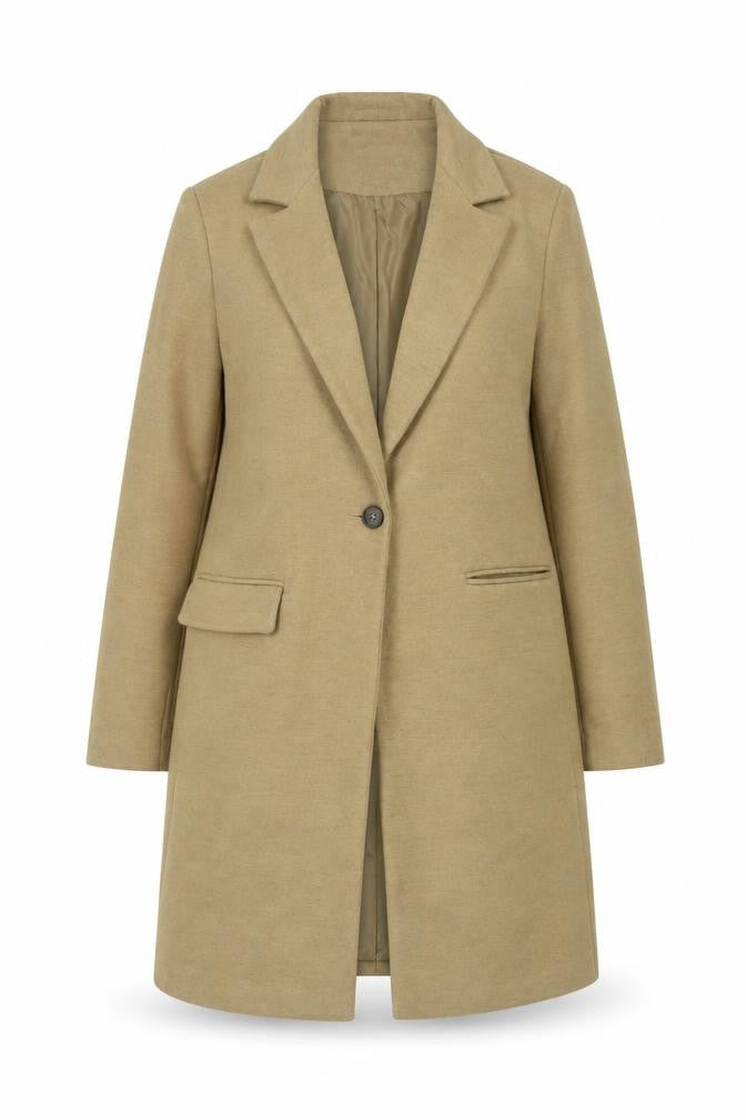 Front view of New Look Women's Beige Wool Blend Long Overcoat, size 10