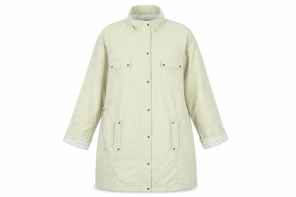 Front view of Drizzle Women Beige Long Rain Coat, size 14, Lightweight Classic Style
