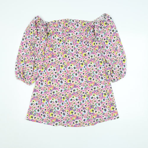 H&M Divided Women's Pink Floral Off Shoulder Puff Sleeve Mini Dress Size 16