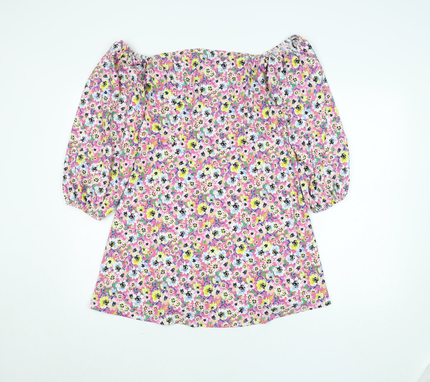 H&M Divided Women's Pink Floral Off Shoulder Puff Sleeve Mini Dress Size 16