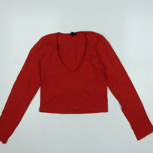 Urban Outfitters Women's Red Cropped Long Sleeve V-Neck Top L