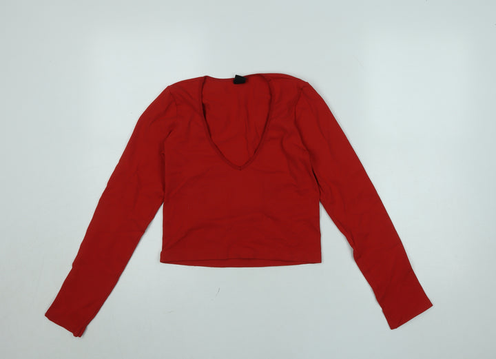 Urban Outfitters Women's Red Cropped Long Sleeve V-Neck Top L