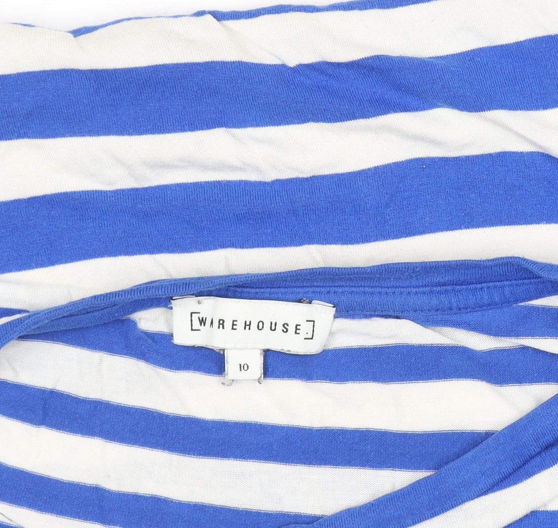 Warehouse Women Blue White Striped Viscose Short Sleeve T-Shirt UK 10