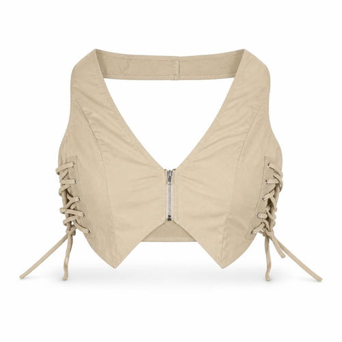 PrettyLittleThing Womens Beige Cropped Lace Up Zip Blouse Size 12