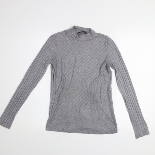 Mango Women Grey Mock Neck Long Sleeve Ribbed Basic Top Size 10