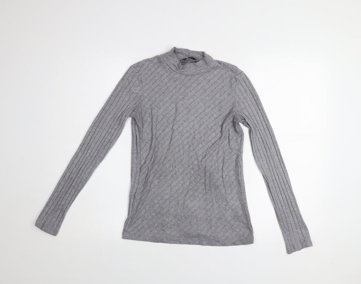 Mango Women Grey Mock Neck Long Sleeve Ribbed Basic Top Size 10