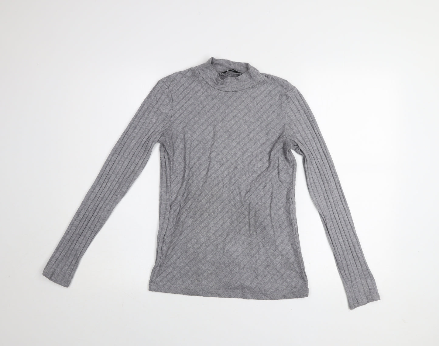 Mango Women Grey Mock Neck Long Sleeve Ribbed Basic Top Size 10