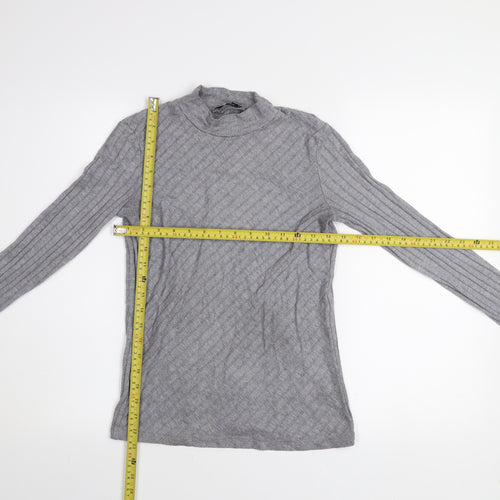 Mango Women Grey Mock Neck Long Sleeve Ribbed Basic Top Size 10