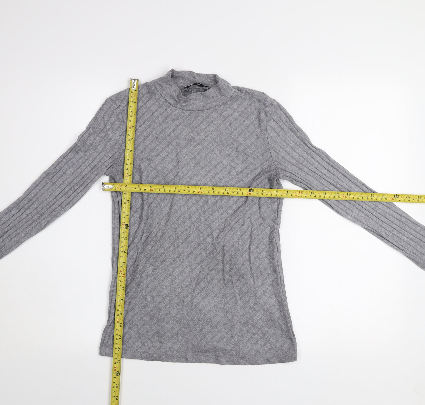 Mango Women Grey Mock Neck Long Sleeve Ribbed Basic Top Size 10