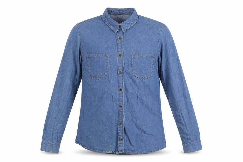 Front view of Ink Denim Collection Men's Blue Long Sleeve Button-Up Shirt, size 42