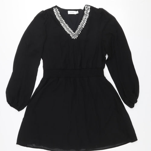 Vila Women's Black A-Line Long Sleeve Beaded V-Neck Short Dress Size 8