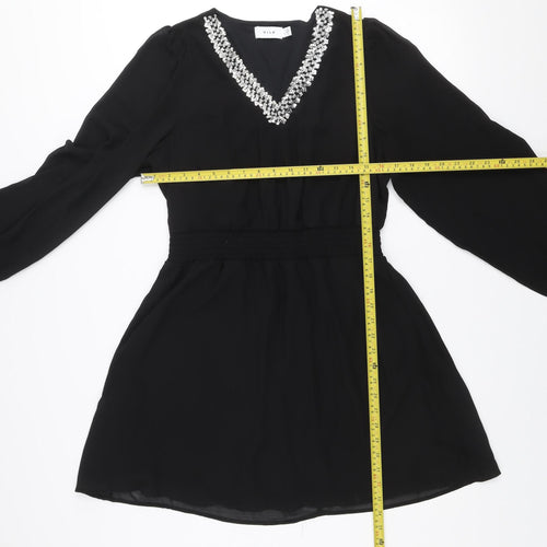 Vila Women's Black A-Line Long Sleeve Beaded V-Neck Short Dress Size 8
