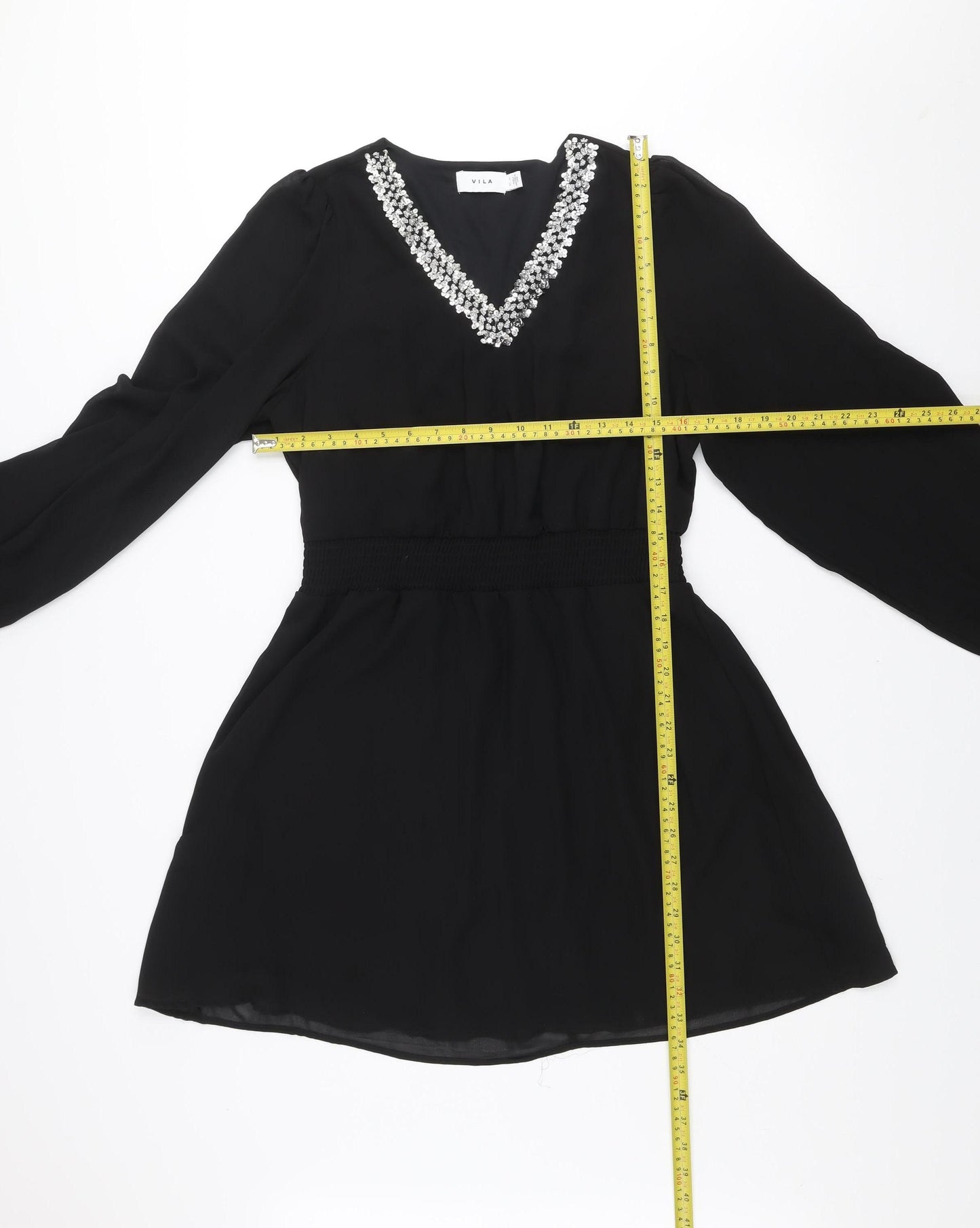 Vila Women's Black A-Line Long Sleeve Beaded V-Neck Short Dress Size 8