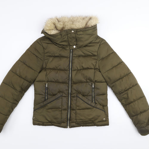 Zara Women Green Faux Fur Trim Hooded Puffer Jacket Size 8