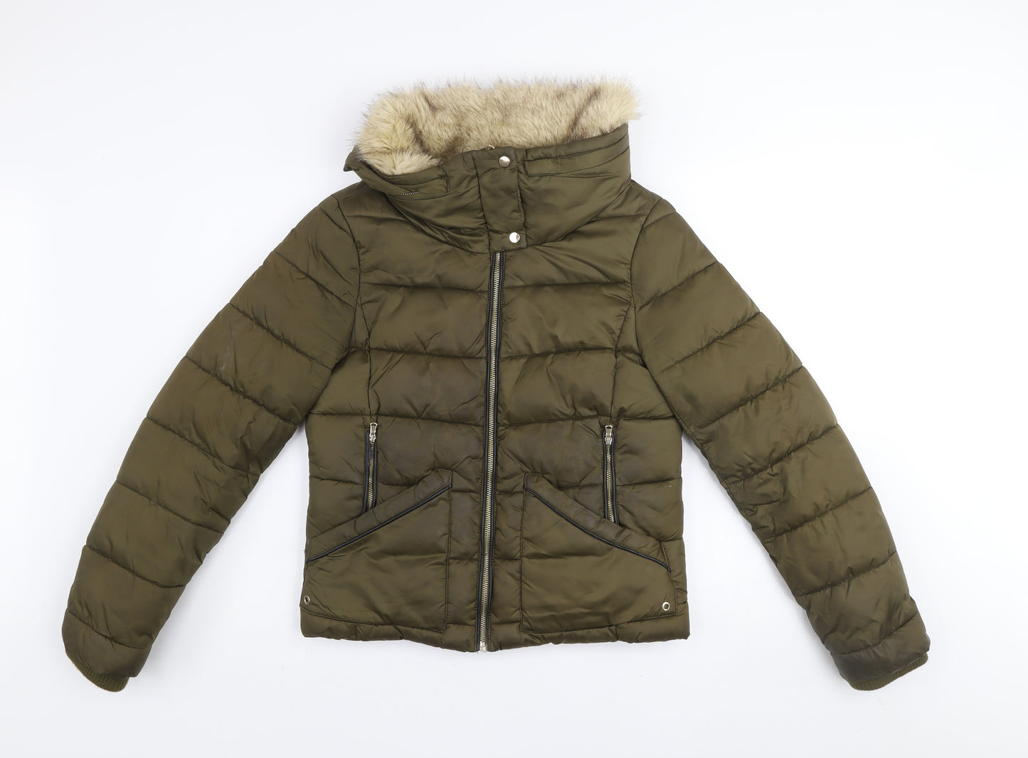 Zara Women Green Faux Fur Trim Hooded Puffer Jacket Size 8