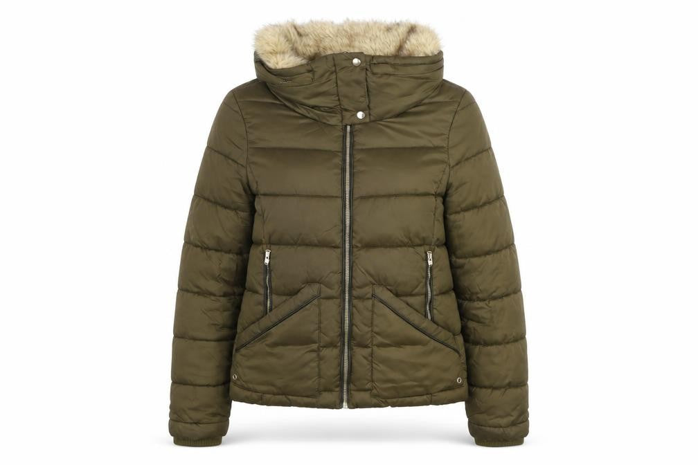 Zara Women Green Faux Fur Trim Hooded Puffer Jacket Size 8