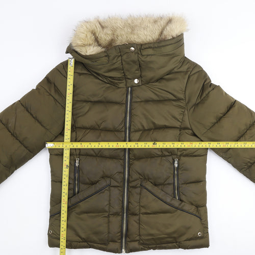 Zara Women Green Faux Fur Trim Hooded Puffer Jacket Size 8