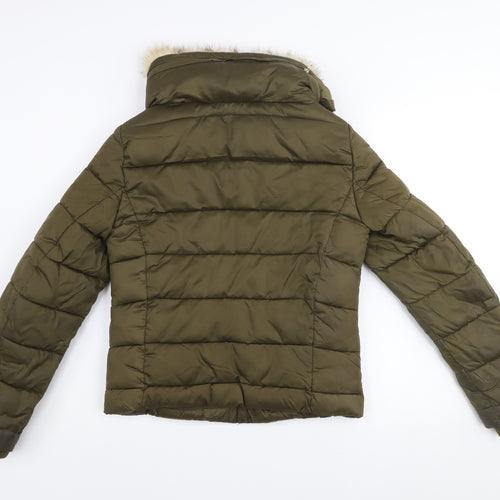 Zara Women Green Faux Fur Trim Hooded Puffer Jacket Size 8