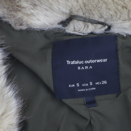 Zara Women Green Faux Fur Trim Hooded Puffer Jacket Size 8