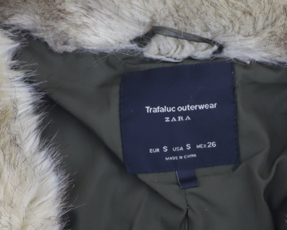 Zara Women Green Faux Fur Trim Hooded Puffer Jacket Size 8