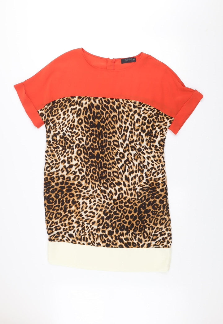 Savida Women’s Multicoloured Shift Dress Size 12 Leopard Print Short Sleeve