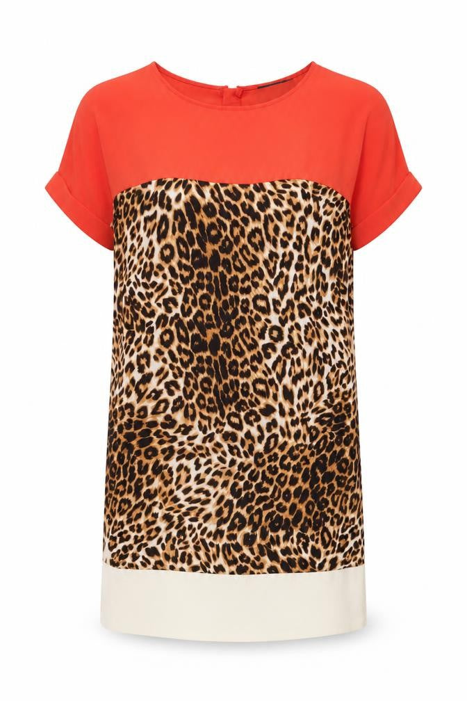 Front view of Savida Women’s Multicoloured Shift Dress, size UK 12, Leopard Print Short Sleeve