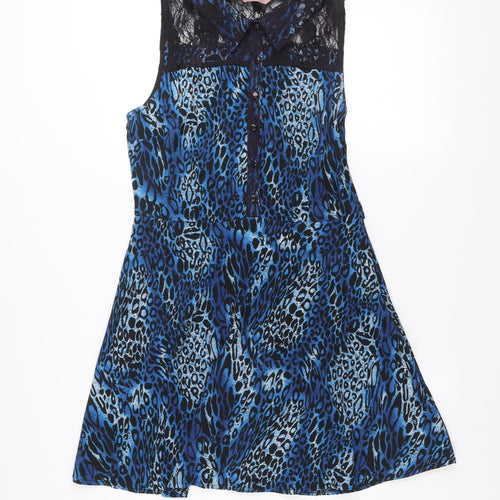 A|wear Women Blue Animal Print Collared Sleeveless Fit & Flare Dress Size 12