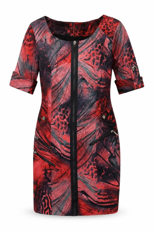 Front view of Airfield Women's Red Animal Print Sheath Zip Dress, size 6