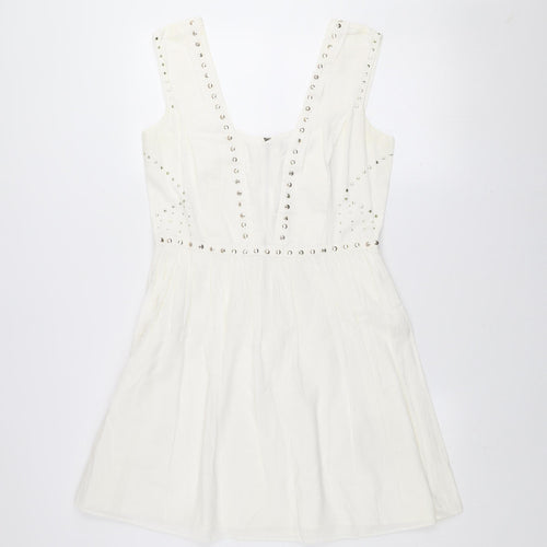Oasis Women's White Studded A-Line Sleeveless Cotton Dress Size 12
