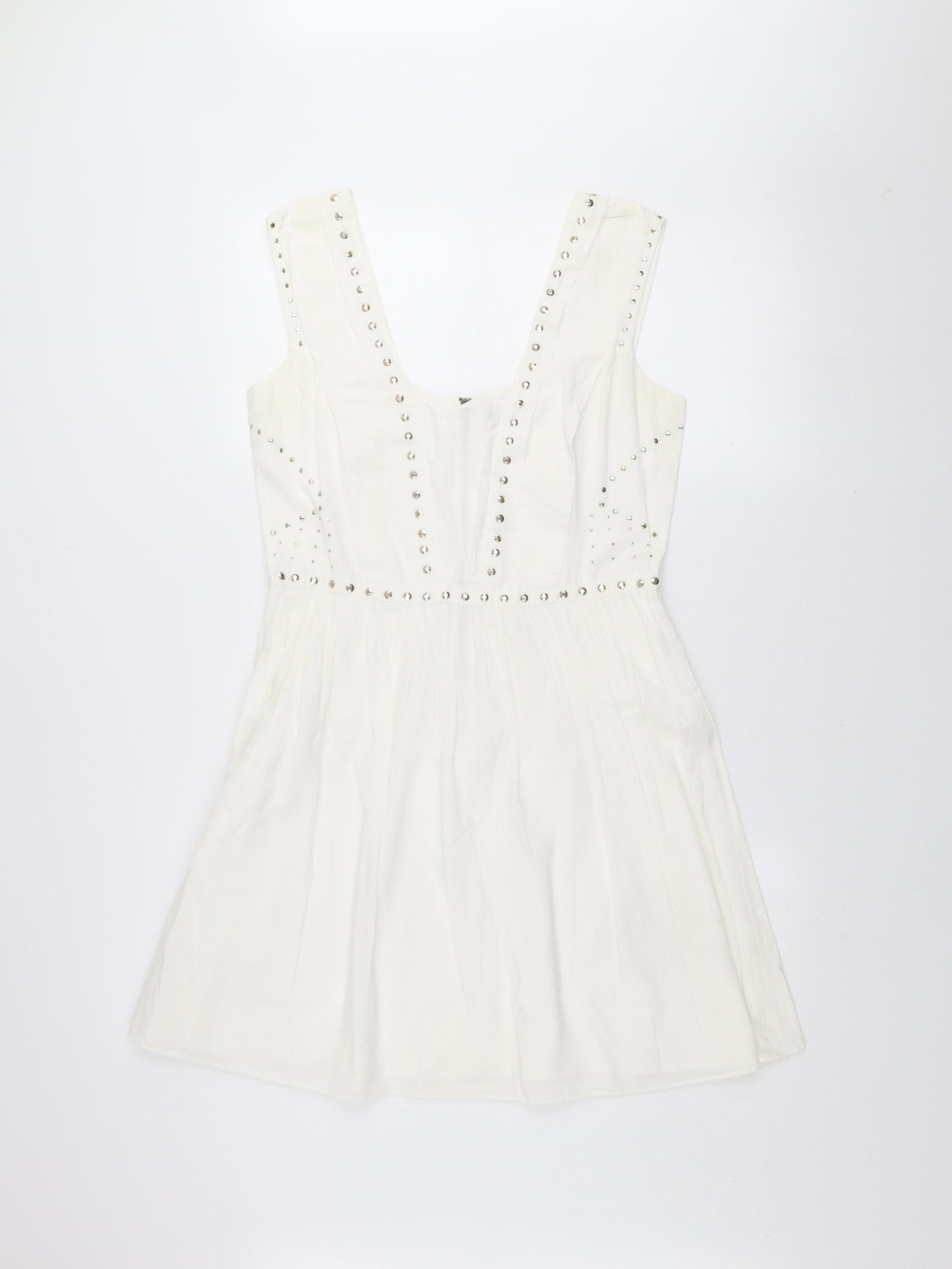 Oasis Women's White Studded A-Line Sleeveless Cotton Dress Size 12