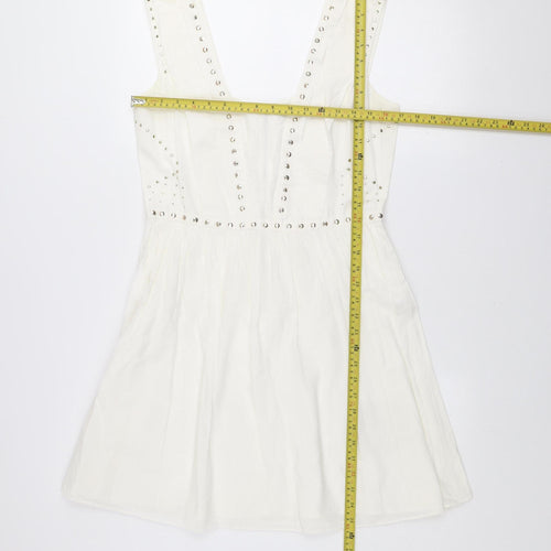 Oasis Women's White Studded A-Line Sleeveless Cotton Dress Size 12