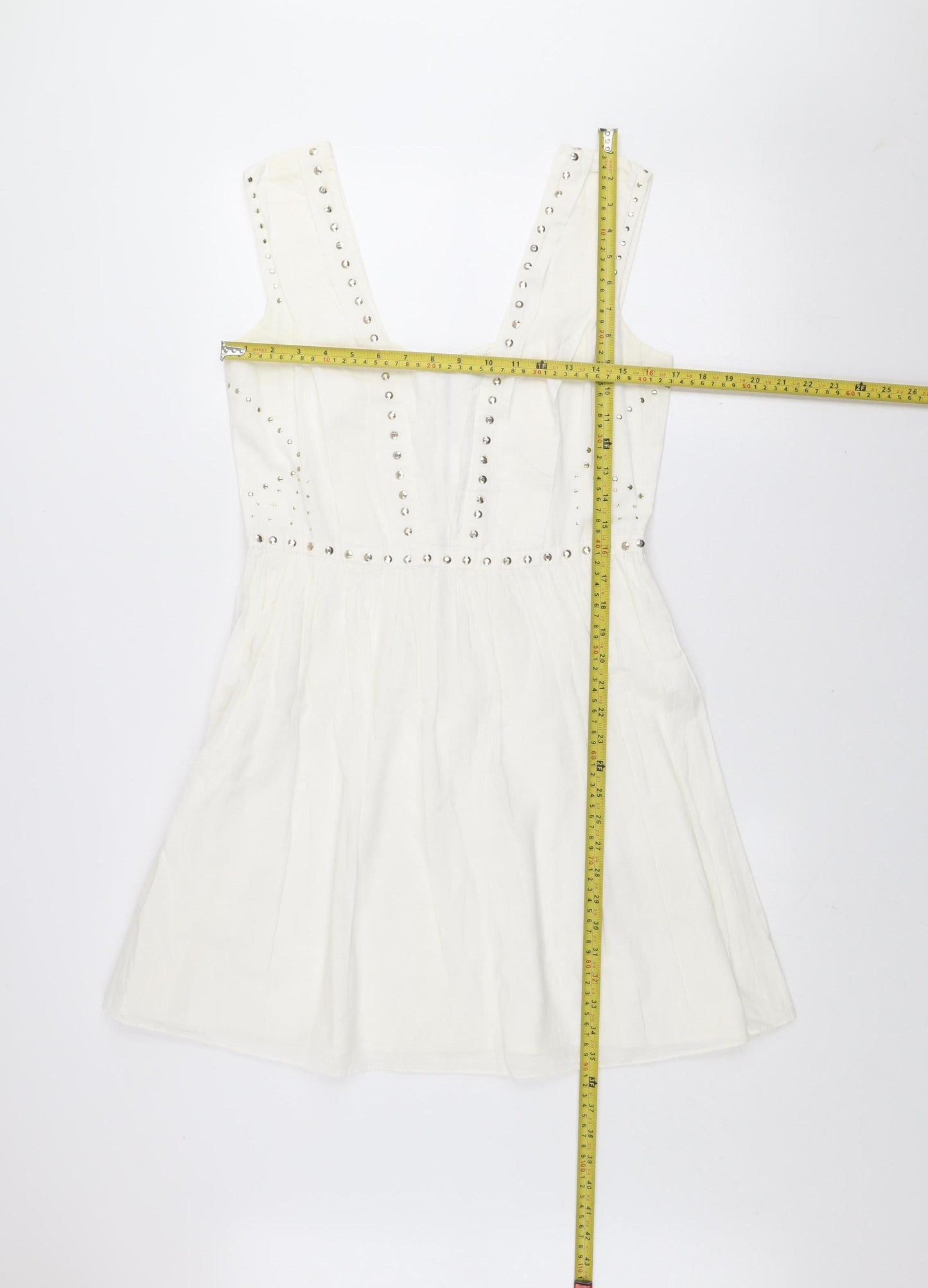 Oasis Women's White Studded A-Line Sleeveless Cotton Dress Size 12