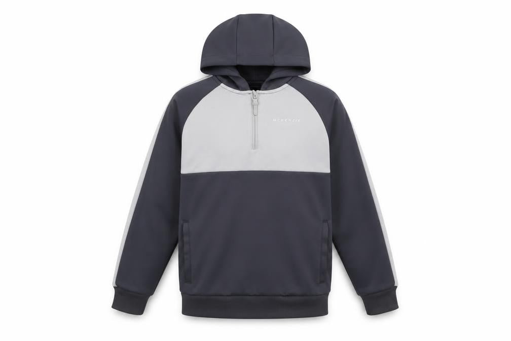 Front view of McKenzie boys’ grey colourblock 1/4 zip pullover hoodie 12-13 years