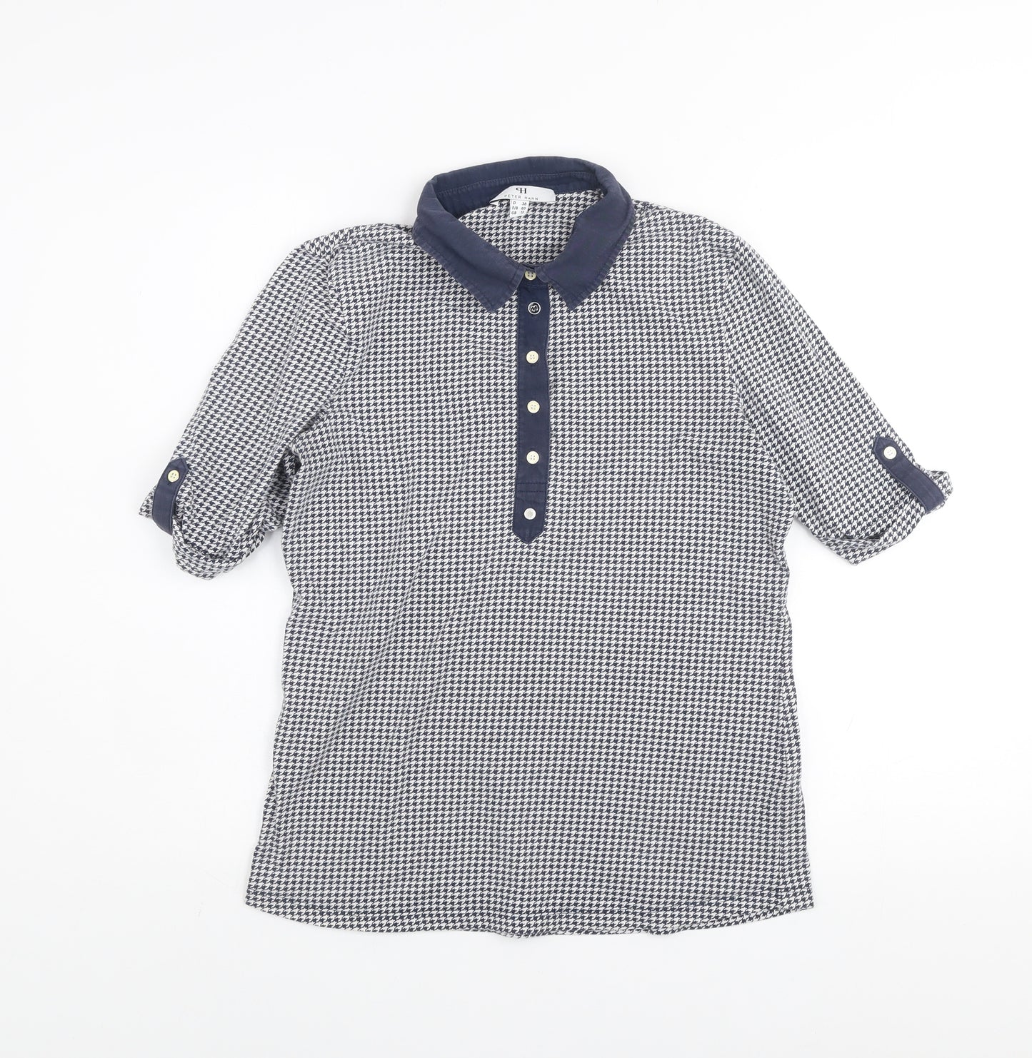 Peter Hahn Women Blue Houndstooth Collared Button-Up Shirt Size 12