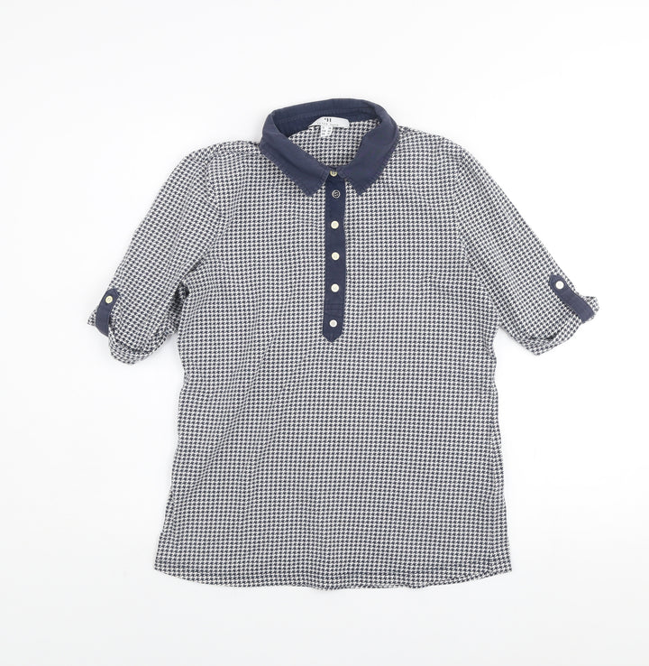 Peter Hahn Women Blue Houndstooth Collared Button-Up Shirt Size 12