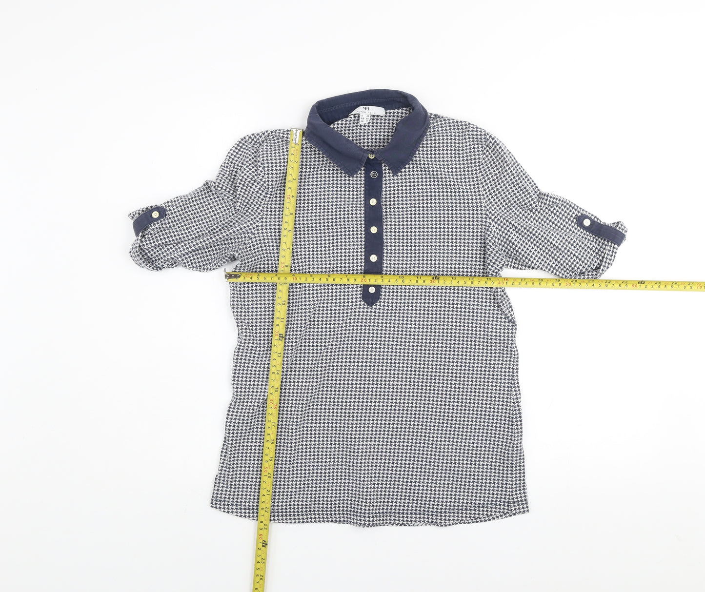 Peter Hahn Women Blue Houndstooth Collared Button-Up Shirt Size 12