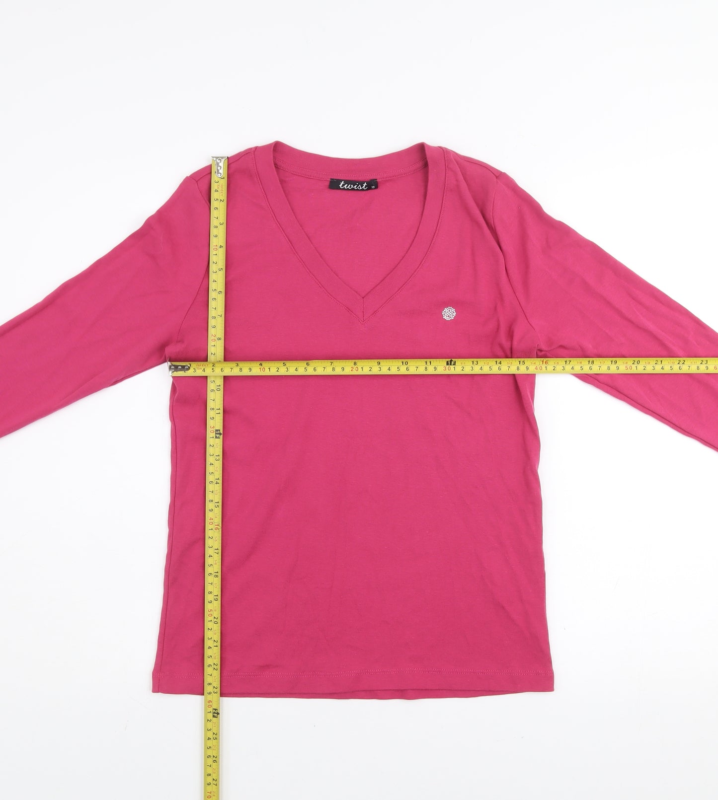 Twist Womens Pink V-Neck Long Sleeve Basic Cotton T-Shirt Size 10
