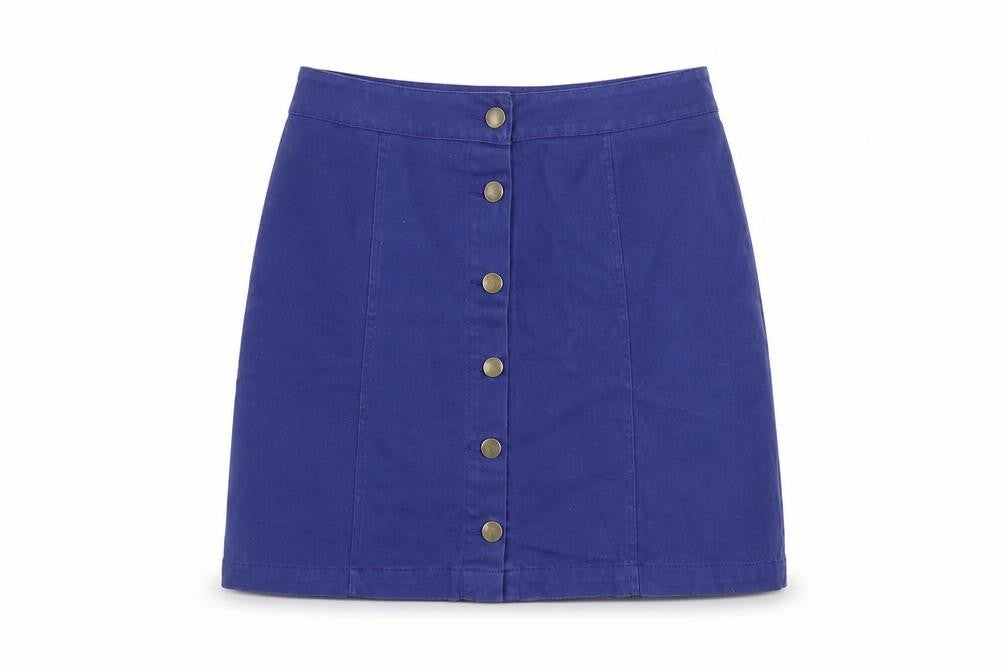 Front view of PRETTYLITTLETHING Women's Blue A-Line Button Skirt, size 10