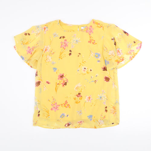 Pieces Women's Yellow Floral Short Sleeve Polyester Blouse Size S