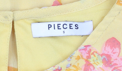 Pieces Women's Yellow Floral Short Sleeve Polyester Blouse Size S