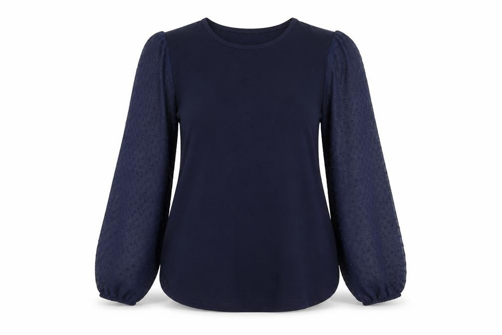Front view of Quiz women’s blue puff sleeve long sleeve blouse, size UK 12